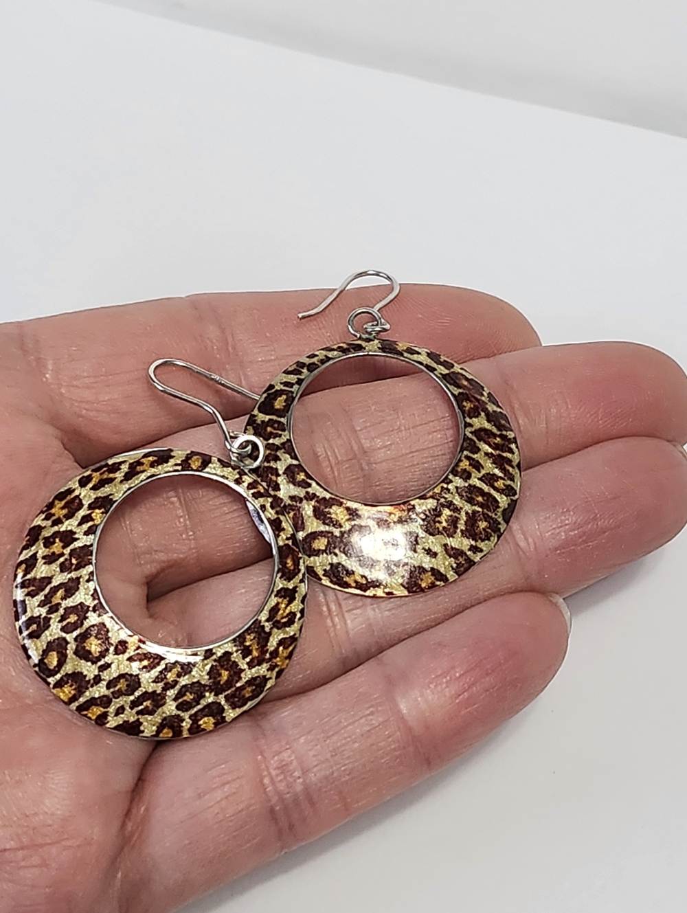 Sterling Silver Enamel Leopard Print Open Hoop Dangle Earrings 2" - Picture 6 of 10